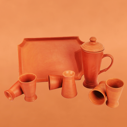 Clay/Mitti Jug & Glass Set with Tray | Premium Earthenware